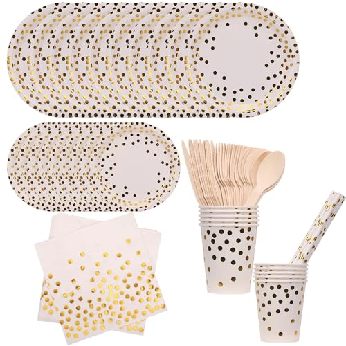 Trimming Shop White and Gold Party Supplies Set, 80pcs Disposable Dinnerware - Gold Dot Tableware for Birthday Party
