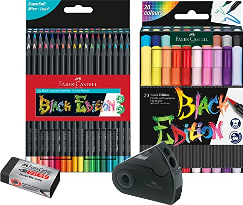 Faber-Castell - Buntstifte Blackwood, 36er Etui, leuchtende Farben mit weichem Abstrich, schwarzes Holz (36er Malset) inkl. Filzstift Black Edition 20er, Spitzdose Sleeve und Radierer Dust-free