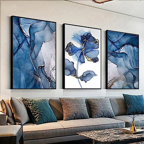 HEHGVCF Lot de 3 tableaux muraux sur toile noir et gris - Géométrie abstraite - Marbre - Sans cadre - Décoration d'intérieur - Gris, or, bleu, rose (B,30 x 45 cm)