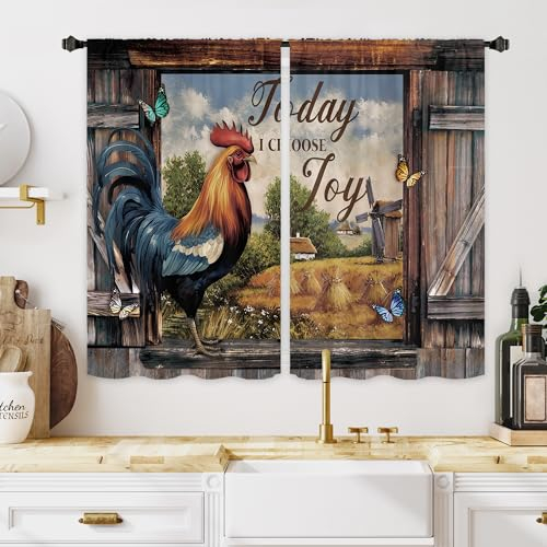 Miyotaa Rustikale Bauernhaus-Huhn-Küchenvorhänge, 2 Paneele, 27,5 B x 39 H Stangentasche, Hahn, Bauernhof, Scheunentür, Holz, Retro, Landhaus, Vintage, Schmetterling, Dekoration, Fenstervorhang