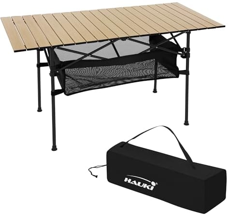 Hauki Campingtisch faltbar Beige, 118 x 55 x 64,5 cm, Aluminium Klapptisch, Aufrollbare Tischplatte, Falttisch klappbar, Gartentisch Balkontisch Reisetisch Rolltisch Markttisch inkl. Tragetasche