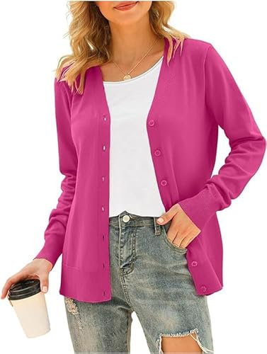 Yommay Cardigan da donna, autunno, inverno, morbido, leggero, a maniche lunghe, casual, con scollo a V, con bottone, A01-rosso rosa, XL