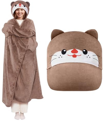 Mewaii Tragbare Decke mit Kapuze und Ärmeln im Otter Design Kuscheldecke mit Handschuhen Weiche Flanell Sherpa Decke für Damen und Herren Ideal für Zuhause Reisen und Tierliebhaber