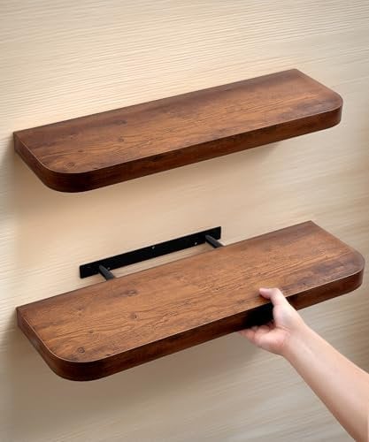 Gronda Wandregal Holz Braun 60cm, Schwberegal Industrial, Vintage, rustikal, geschwunges Design mit runden Kanten, Unsichtbare Regalbretter, Wand Dekor für Wohnzimmer, Küche, Bücher, 3,8cm hoch