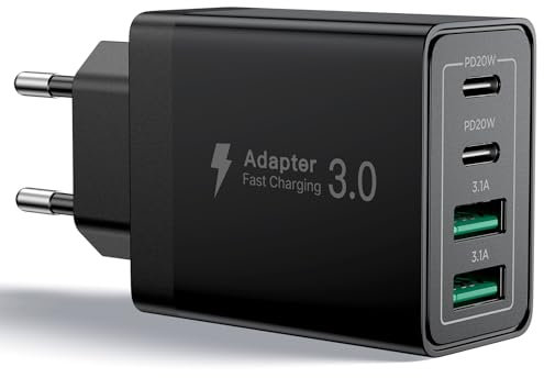 Aioneus Cargador USB C, 40W 4 Puertos Enchufe USB C iPhone Carga Rapida, Múltiple Cargador con Doble PD y QC3.0 Adaptador Tipo C para iPhone 16 15 14 13 12 11 Pro MAX XR XS 8 7, iPad, Samsung