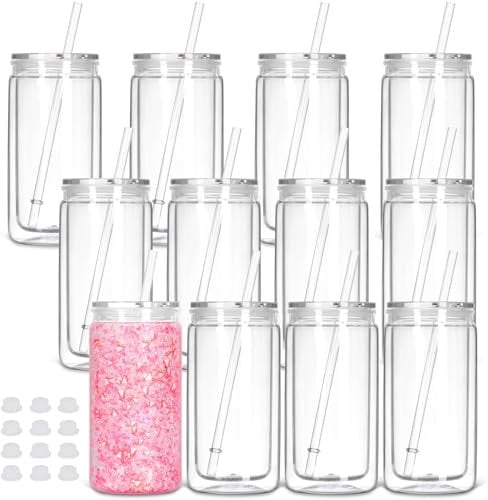 Tswofia 12-Pack Snow Globe Tumbler, 16 Oz Double Wall Can with Pre-Drilled Hole, Lid, Straw - Plastic Mason Jar Mug for DIY Glitter Snow Globe Gift (Clear)
