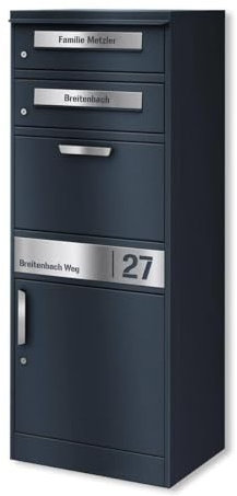 Metzler Paketbox mit 2 Briefkästen – 2er Briefkasten mit Paketfach & Namensgravur, Personalisierte Blenden aus Edelstahl – großer Outdoor Paketbriefkasten – RAL 7016 Anthrazitgrau - Modell Bispo