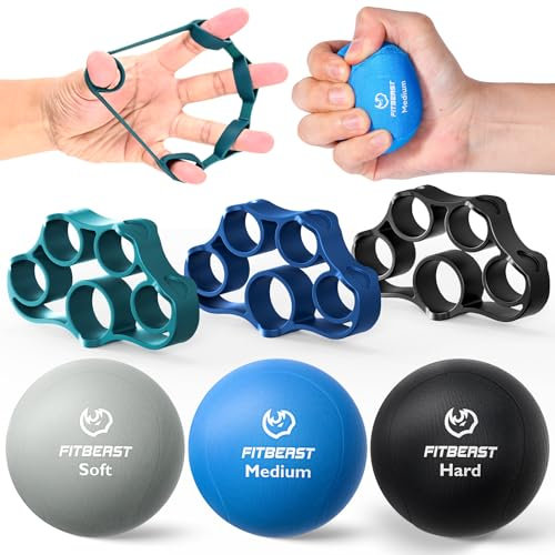 FitBeast Griffkrafttrainer – 6-teiliges Handtherapie-Set mit Fingerstrecker und Stressbällen für Erwachsene, Rehab & Krafttraining – für Männer, Frauen und Senioren