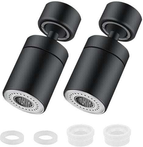HTRTRR Raccordo universale cromato per rubinetto, 2 pezzi, girevole a 360°, con due modelli di ugelli, per cucina e bagno (nero)