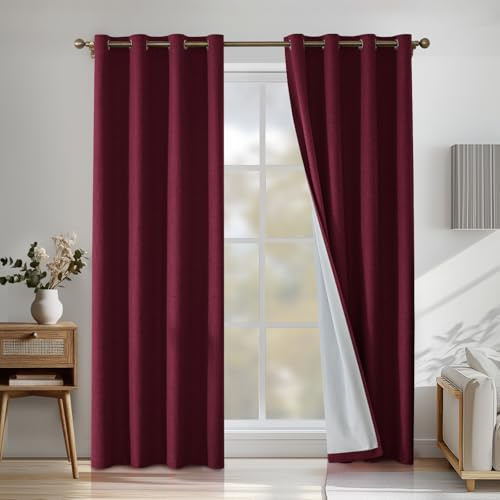 CYCMACO Verdunklungsvorhänge Leinen 2er Set, 140x200cm, Kälteschutz Thermovorhang Mit Ösen, Lärmschutzvorhang, Wohnzimmer Lichtundurchlässig Vorhänge, Schlafzimmer Vorhänge, Bordeaux