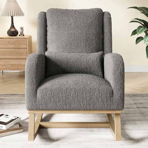 HYNHXBP Fauteuil à Bascule, Fauteuil à Bascule avec Poches latérales, Pieds en Bois Massif, Fauteuil de Salon, Convient pour Le Salon et la Chambre (Gris)