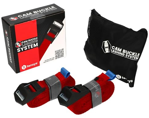 TENSYS Heavy-Duty Cam Buckle Straps - Adjustable Tie Down Straps for Cargo, Moving, Roof Racks & More, Strong Webbing Strap with Buckles for Securing Luggage, Furniture, and Equipment - Red, 2 Pack