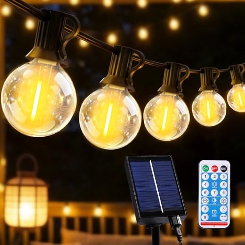 Lichterkette Außen Solar, LED Solar Lichterkette Outdoor 10M 15+1 G40 Plastik Dimmbar Glühbirnen, Solarlichterkette Aussen mit Fernbedienung 8 Modi 3 Timer IP44 Wasserdicht für Balkon Garten Pavillon