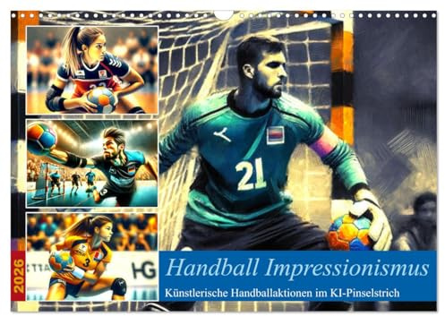 Handball Impressionismus, Künstlerische Handballaktionen im KI-Pinselstrich (Wandkalender 2026 DIN A3 quer), CALVENDO Monatskalender: Sportliche Eleganz in digitaler Ki Kunst. (CALVENDO Sport)