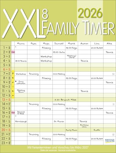 XXL Family Timer 8 2026: Familienplaner mit 8 breiten Spalten. Hochwertiger Familienkalender mit Ferienterminen, extra Spalte, Vorschau bis März 2027 und nützlichen Zusatzinformationen.