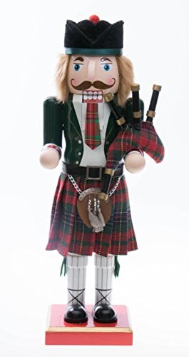 Weihnachtlicher Nussknacker im Schotten-Look - mit Kilt & Dudelsack - Holz - Grün - 14“ (35,6 cm)