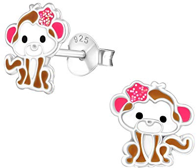 Laimons Mädchen Kids Kinder-Ohrstecker Ohrringe Kinderschmuck Affe Äffchen Braun, Weiß und Pink Sterling Silber 925
