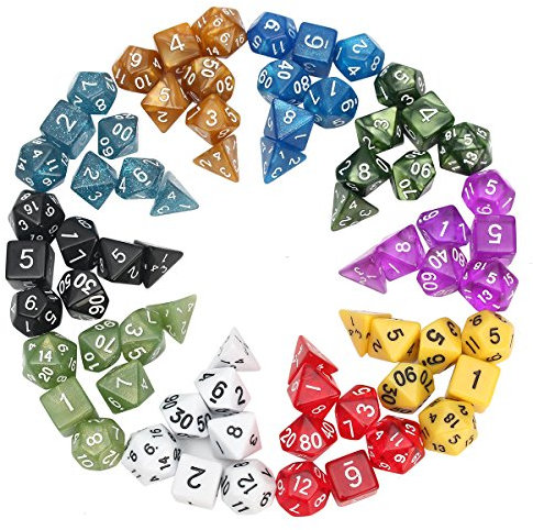 MASUNN 70 Stück Polyhedral Dice Board Rpg Würfel Set 10 Farben 4D 6D 8D 10D 12D 20D mit 10 Beutel