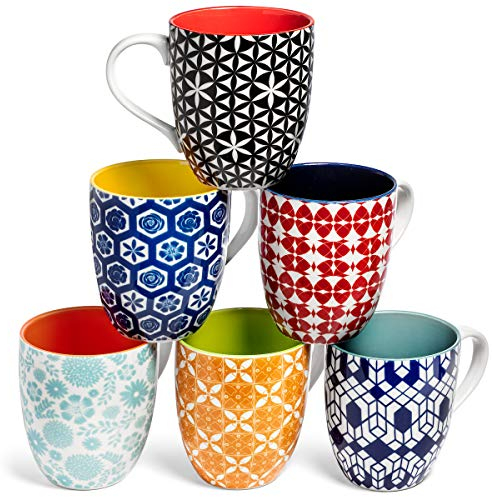 Annovero Juego de 6 tazas de café coloridas de porcelana de 16 onzas con mango grande, cero plomo y cadmio, aptas para microondas y lavavajillas
