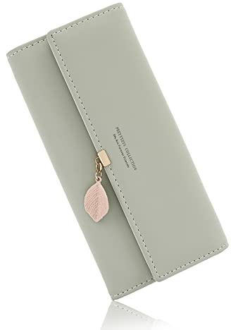 Portefeuille Femme Cuir Porte Monnaie Pliable Grand et Long avec Titulaire de la Carte de Crédit Cash ID Zippé RFID Blocage Porte Carte Walle Vert Jade