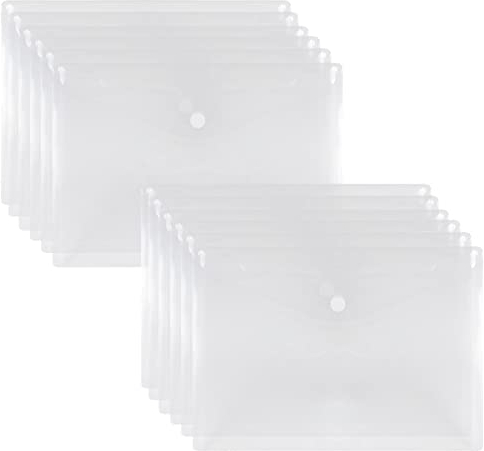 FYY Dokumententaschen A5,Klarsichthülle A5 Dokumentenmappe mit Druckknopf,Sichttasche A 5 Transparent,Dokument Organisieren für Schulbüro, Hausaufgaben für Datei,Papier,Quittungen,12 Stück