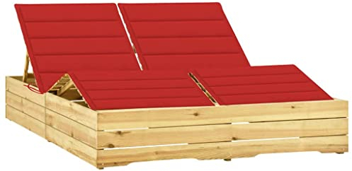vidaXL Kiefernholz Imprägniert Sonnenliege mit Roten Auflagen Doppelliege Gartenliege Relaxliege Liegestuhl Liege Gartenmöbel Holzliege Strandliege