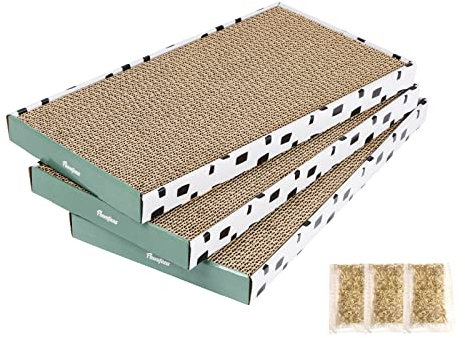 PAWSFANS Rascador de cartón para gatos con caja, duradero, corrugado, rascador, sofá, cama, reversible, hierba gatera incluida para gatos de interior (caja, 3 piezas)