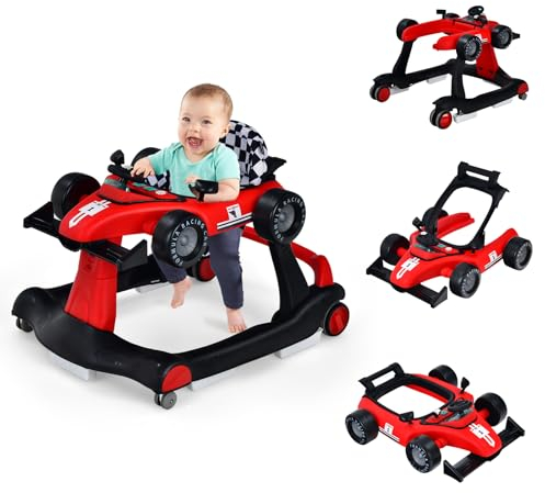 COSTWAY Trotteur Bébé Garçon Pliable 4 en 1 avec 3 Hauteur Réglable, Trotteur Marche Bébé Garçon Évolutif avec Musique & Lumière, Roues Silencieuses, 5 Patins Antidérapants pour 6-18 Mois(Rouge)