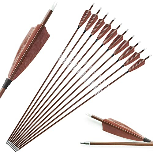 SHARROW Bogenschießen Carbonpfeile 31 Zoll Carbon Pfeile mit Naturfedern Holzkorn Kohlenstoff Pfeil Bogenpfeile Spine 340-600 Jagdpfeile für Bogen (Spine 600, 12 Stück)