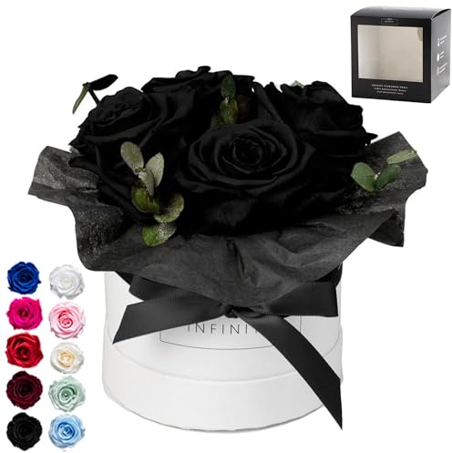 Infinity Flowerbox - Eucalyptus Bouquet Schwarz - Konservierte Rose in Geschenkbox, blüht 3 Jahre ohne Wasser