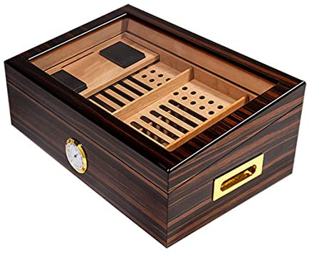 HMTE Humidor-Zigarrenkiste, Glasfenster, handgefertigtes Zigarrendisplay, Zigarren-Humidorschrank mit vorne montiertem digitalem Hygrometer und speziellem Luftbefeuchter, für 60 Zigarren