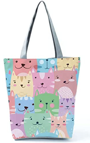 INN Damen Einkaufstasche aus Baumwollleinen, 37x27x8 cm, Katze, Regenbogen
