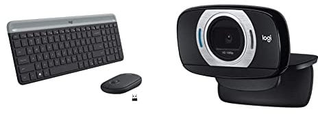 Logitech MK470 Slim Wireless Keyboard & Mouse Combo - Black & C615 Portable Webcam, Full HD 1080p/30fps