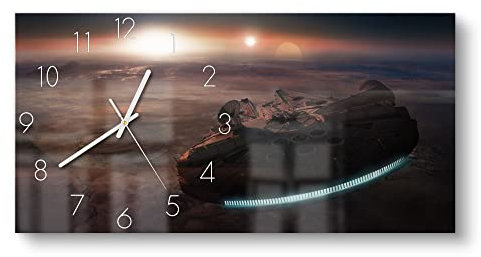 DEQORI Glasuhr | vertikal 60x30 cm | Motiv Millennium Falcon Dunkel | große XXL Design Uhr aus Glas | leise Wanduhr für Wohnzimmer & Küche | Moderne Hingucker Uhr für die Wand