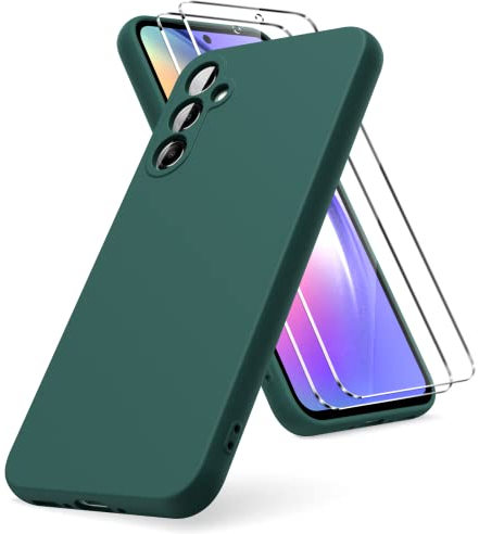 Vansdon Funda Compatible con Samsung Galaxy A54 5G, 2 Unidades Protector Pantalla Cristal Templado, Silicona Líquida Gel Ultra Suave Funda- Verde Noche