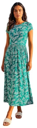 Roman Midi Dress with Pockets for Women UK Ladies Stretchy Jersey Maxi Long Short Sleeve Elasticated Gathered High Waist Boho Flattering Skater Swing Fit Flare - Jade Ivory - Size 12