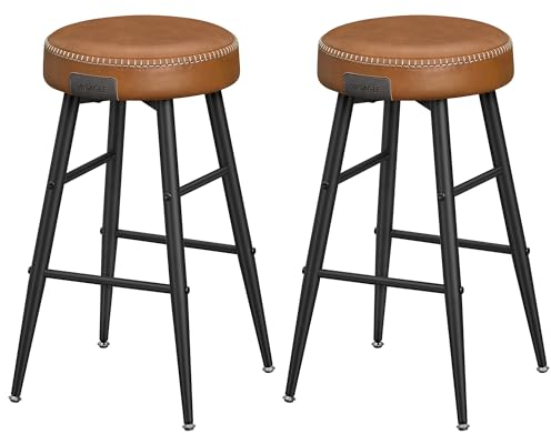 VASAGLE EKHO Colección - Juego de 2 Taburetes de Bar, Taburetes de Cocina, Taburetes de Desayuno, Cuero Sintético con Costuras, 63 cm de Alto, Silla Comedor, Fácil Montaje, Marrón Caramelo LBC080K01