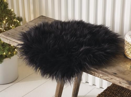 Dekoleidenschaft Sitzkissen Fell in schwarz, Ø 40 cm, Dekofell, Kunstfell, Stuhlauflage, künstliches Schaffell, Sitzpolster, Stuhlkissen, Kuschelfell