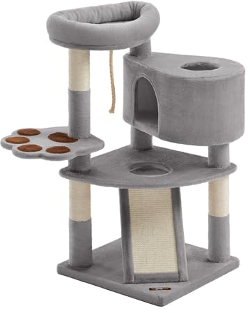 Feandrea Kratzbaum, Katzenbaum niedlich, mit Plattform, Höhle, Kratzrampe, mehrstöckig, Katzenkratzbaum mit Kratzsäulen, für Katzen bis zu 7 kg, 49 x 49 x 95 cm, einfache Montage, grau PCT40W