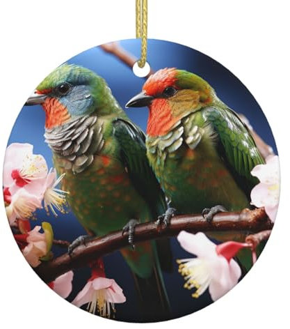 Weihnachtsbaum, Keramik, zum Aufhängen, rund, zum Aufhängen für Weihnachtsbaum, Vögel, Natur, grüne Farben, Keramikornament, Porzellan-Anhänger für Weihnachten, kreative Dekoration zum Aufhängen