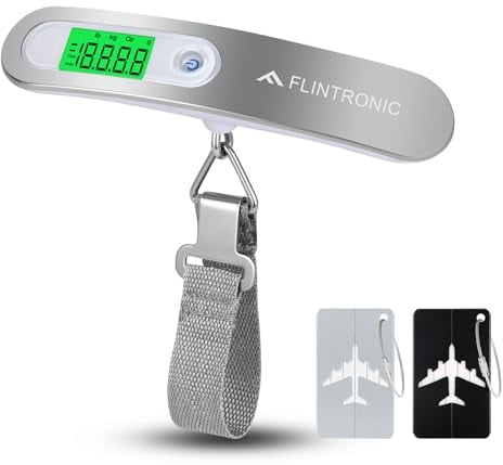 Flintronic Digitale Kofferwaage, Gepäckwaage, Tragbare Hängewaage LCD-Anzeige mit Haken, 50KG/110 lb, Tragbare Hängewaage mit Tara-Funktion und Hintergrundbeleuchtung für Reisen Küche