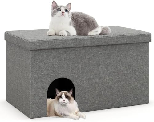 GOPLUS 2 en 1 Meuble Litière Chat avec Tapis de Litière Anti-Fuite, 90 x 50 x 50 CM, Maison de Toilette Chat Pliable avec Couvercle Rabattable Charge 200KG, Filtre de Contrôle Odeurs (Gris)