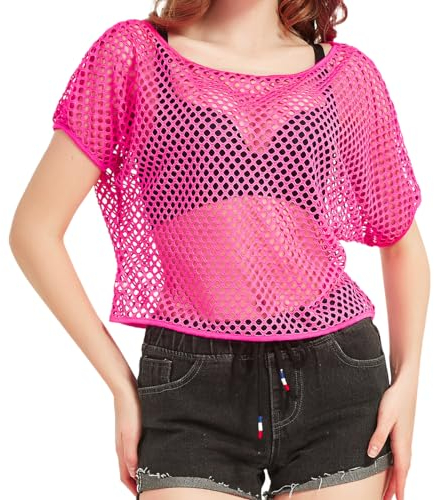WILDPARTY 80er 90er Jahre Outfit Damen, Netzoberteil, Mesh Oberteil, Neon Shirt Aerobic Kostüm Sexy, Off Shoulder 80s Kleidung Sommertops Schlager Mottoparty Karneval Rosa L