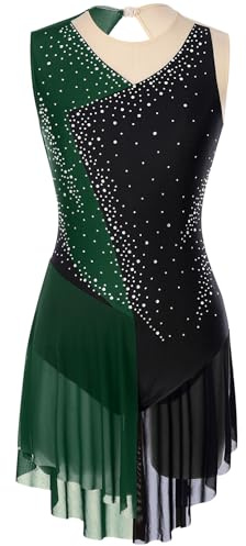 TiaoBug Damen Eiskunstlauf Kleid Ärmellos Eislaufen Rollschuh Kleid Farbblock Glitzer Ballettkleid Tanzkleid Gymnastik Body mit Volants Sport Bekleidung gr. S M L XL XXL