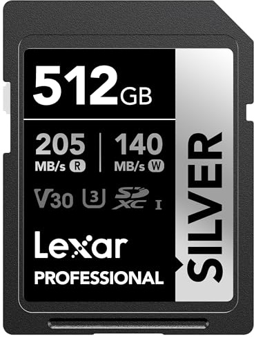 Lexar Carte mémoire SD Argenté 512 Go 205 Mo/s Lecture 4K V30 U3 UHS-I | Compatible avec Canon, Sony, Nikon, idéal pour les photographes professionnels, vidéastes, passionnés, LSDSILV512G-BNNNU