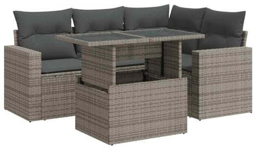 vidaXL 5-TLG. Garten-Sofagarnitur mit Kissen Grau Poly Rattan