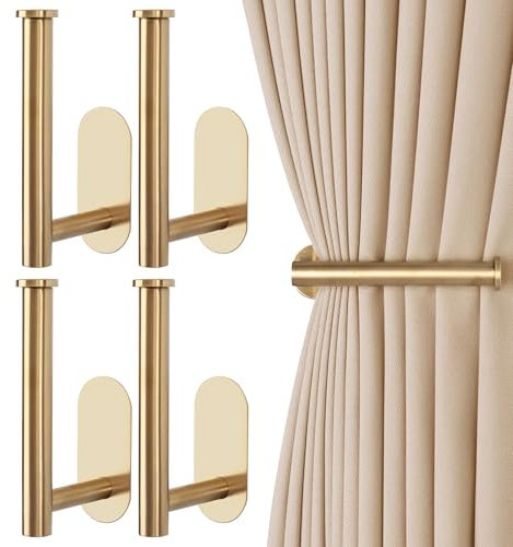OCIOLI 4 Pack Metal Curtain Tie Backs Adhesive Curtain Holdbacks Modern Curtain Hold backs No Drill Adhesive Curtain Hooks Curtain Holders for Drapes (4, Gold)