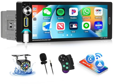 SIXWIN Upgrade Wireless Autoradio 1 Din mit Wireless Carplay Android Auto,6.9 Zoll Touchscreen Unterstützung Bluetooth 5.0/AUX/USB/FM/AM/Mirrorlink/Lenkradsteuerung+Rückfahrkamera