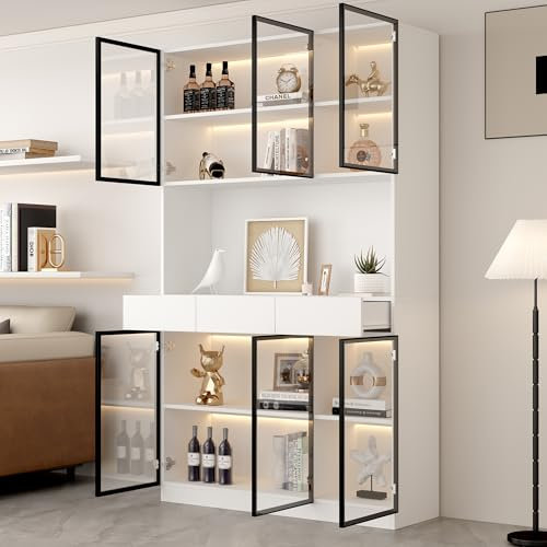 Lexiou Armario de cristal para puerta, 200 cm de alto, color blanco, con luces LED, estantería de almacenamiento múltiple para colección, dormitorio, salón, oficina (1)