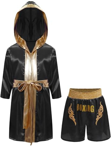 inhzoy Kinder Boxing Shorts Boxmantel Set Muay Thai Fight Shorts Und Satin Kapuzenmantel Kinder Boxen Kleidung Kickboxing Sportanzug Schwarz&Gold 122-128